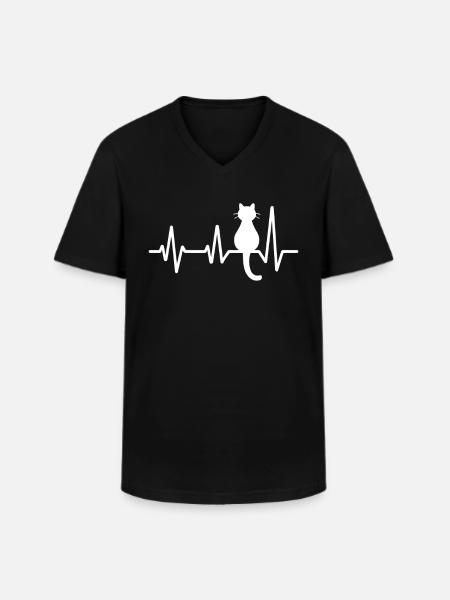 Herzschlag mit Katze - Männer-T-Shirt mit V-Ausschnitt - Schwarz
