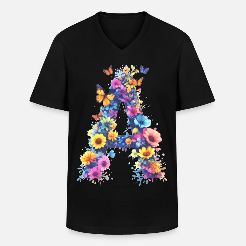A – Floraler Anfangsbuchstabe 💐🌼🦋 - Männer-T-Shirt mit V-Ausschnitt - Schwarz