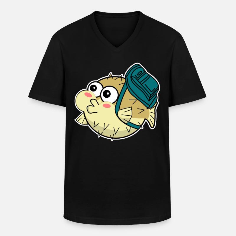 Puffer Fish with Backpack - Men's V-Neck T-Shirt - black