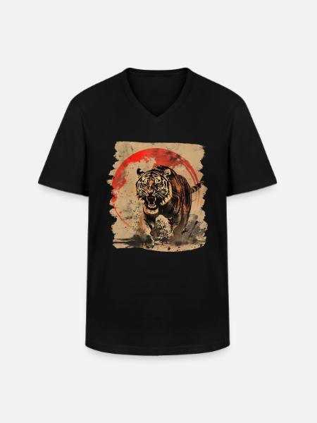 80s Retro Japanese Tiger - Men's V-Neck T-Shirt - black
