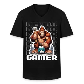 Retro Gamer Gorilla mit Controller Konsolenspiele - Männer-T-Shirt mit V-Ausschnitt - Schwarz - Vorne - AI Model Male 178 dark (178cm)