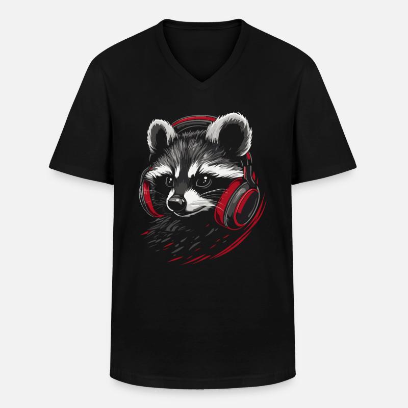 Zocker Waschbär mit roten Kopfhörern - Männer-T-Shirt mit V-Ausschnitt - Schwarz