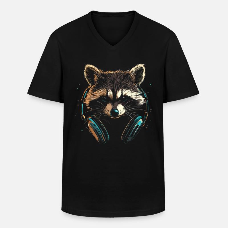 Zocker Waschbär mit blauen Kopfhörern - Männer-T-Shirt mit V-Ausschnitt - Schwarz