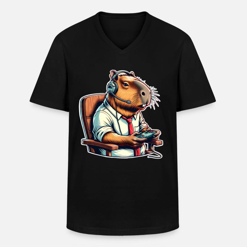 Capybara Gaming Nerd - Männer-T-Shirt mit V-Ausschnitt - Schwarz