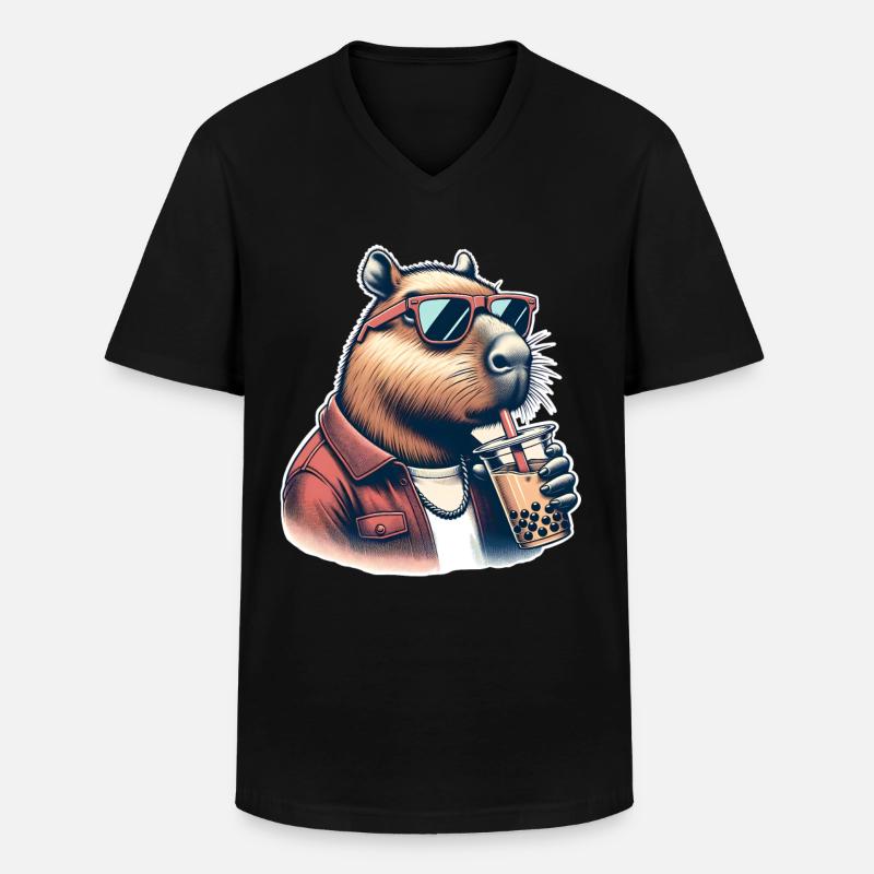 Capybara Bubble Tea - Männer-T-Shirt mit V-Ausschnitt - Schwarz