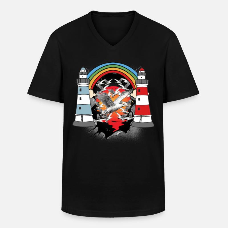 maritime, lighthouse, lighthouses, seagulls, seagulls - Men's V-Neck T-Shirt - black