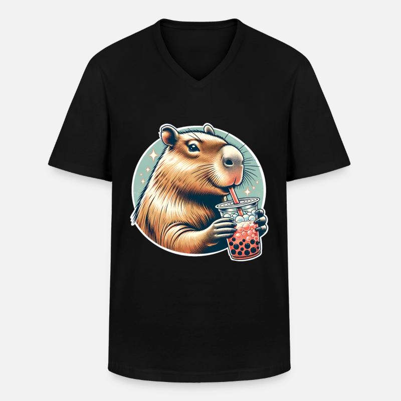 Capybara Bubble Tea - Männer-T-Shirt mit V-Ausschnitt - Schwarz