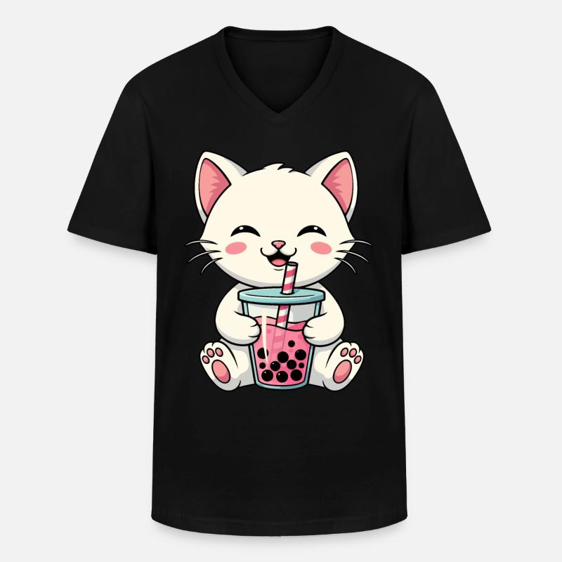 Katze Bubble Tea - Männer-T-Shirt mit V-Ausschnitt - Schwarz
