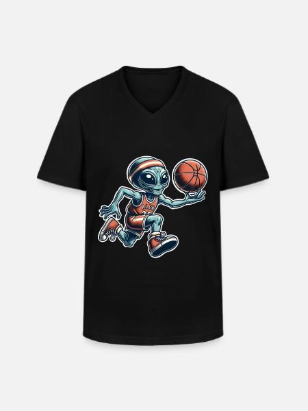 Alien Basketball Dunking - Men's V-Neck T-Shirt - black