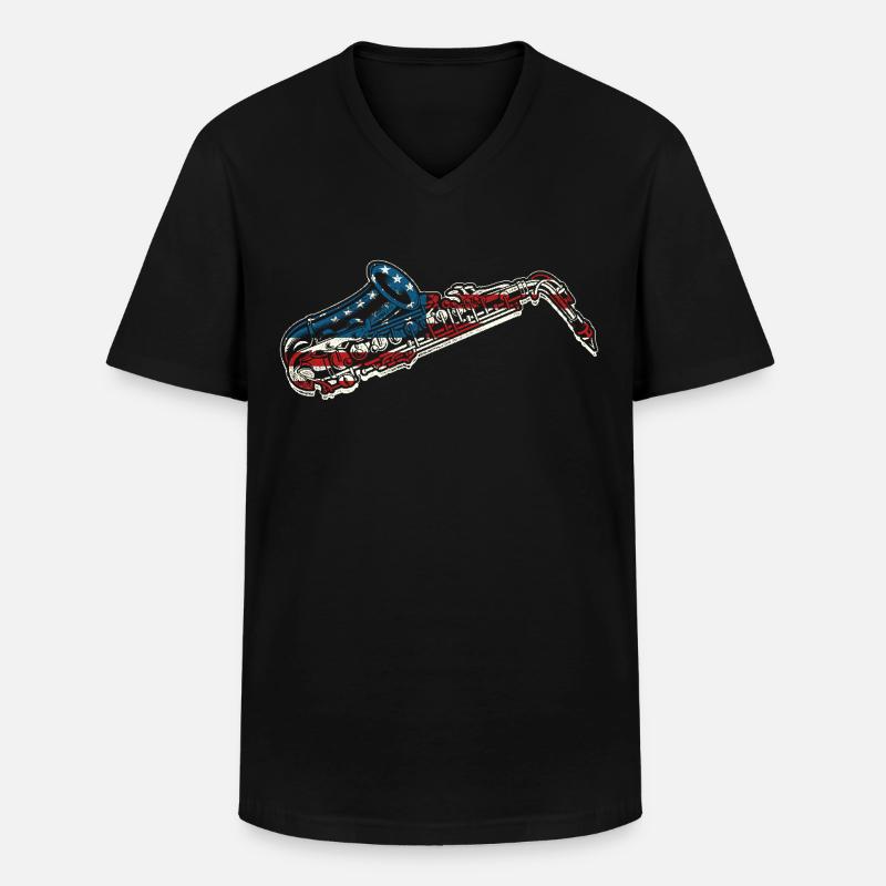 Saxophone American Flag - Männer-T-Shirt mit V-Ausschnitt - Schwarz