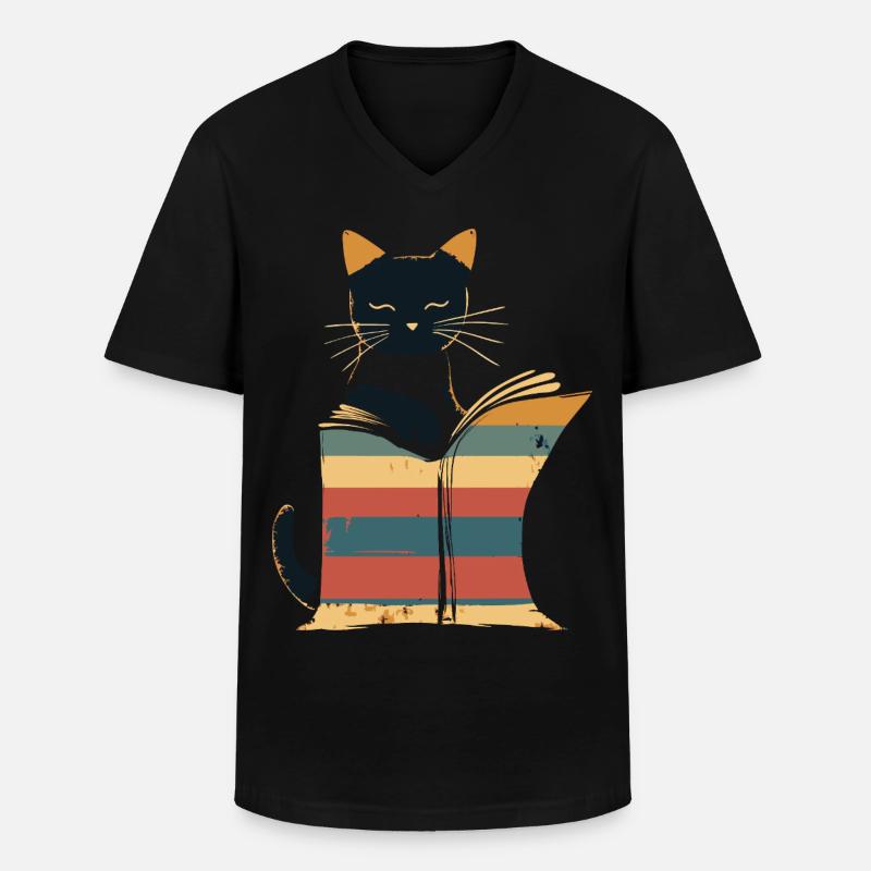 Schwarze Katze liest Buch - Männer-T-Shirt mit V-Ausschnitt - Schwarz