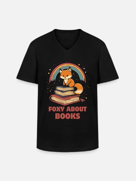 Cute Fox with Books - Men's V-Neck T-Shirt - black