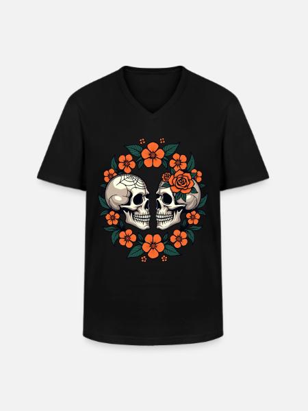 Dødningehoveder og blomster Mørk Æstetisk Blomster - Klassisk herre T-shirt med V-udskæring - sort