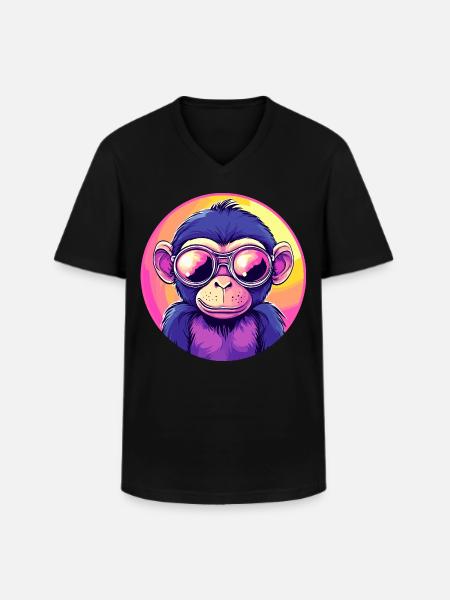 Neon monkey with sunglasses - Men's V-Neck T-Shirt - black
