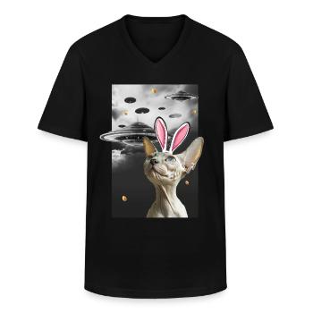Lapin de Pâques Sphynx Chat Drôle Science Alien OVNI - T-shirt col V Homme - noir - Devant - AI Model Male 178 dark (178cm)