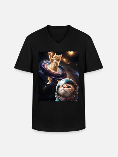 Söt, Katt, Meme, Yttre rymden, Galaxen, Rymden, Astrologi - T-shirt med V-ringning herr - svart