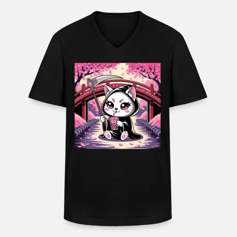 Sensenmann Anime Katze Kirschblüte - Männer-T-Shirt mit V-Ausschnitt - Schwarz