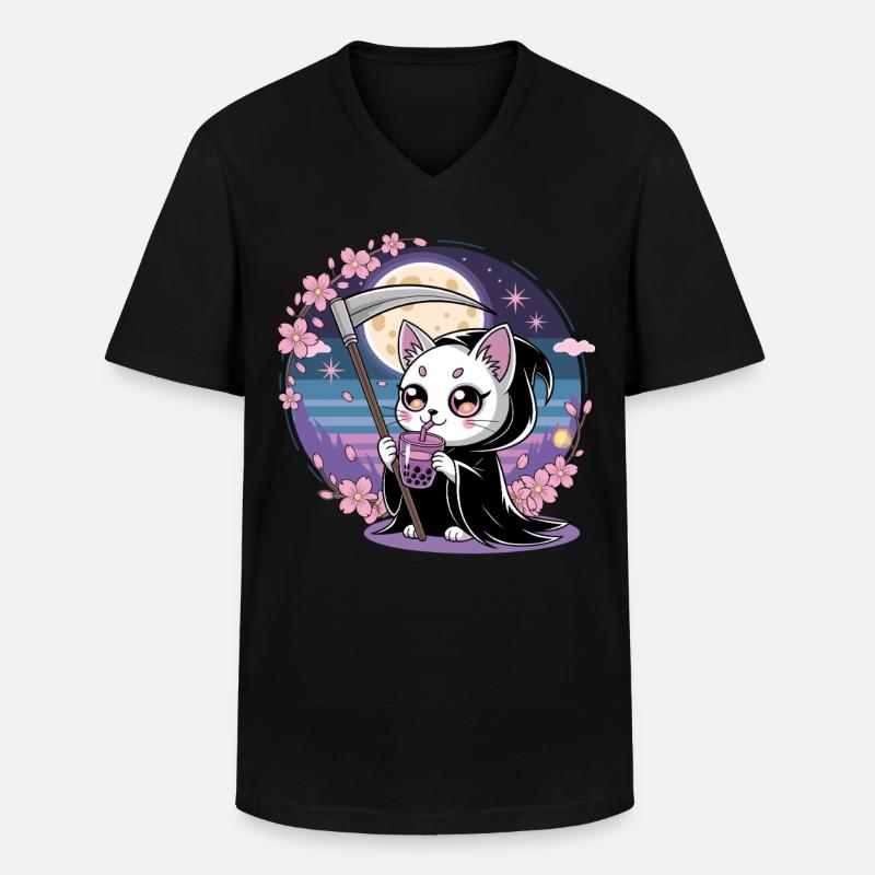 Sensenmann Anime Katze Kirschblüte - Männer-T-Shirt mit V-Ausschnitt - Schwarz