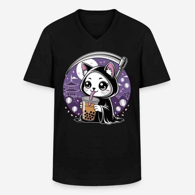 Sensenmann Anime Katze Kirschblüte - Männer-T-Shirt mit V-Ausschnitt - Schwarz