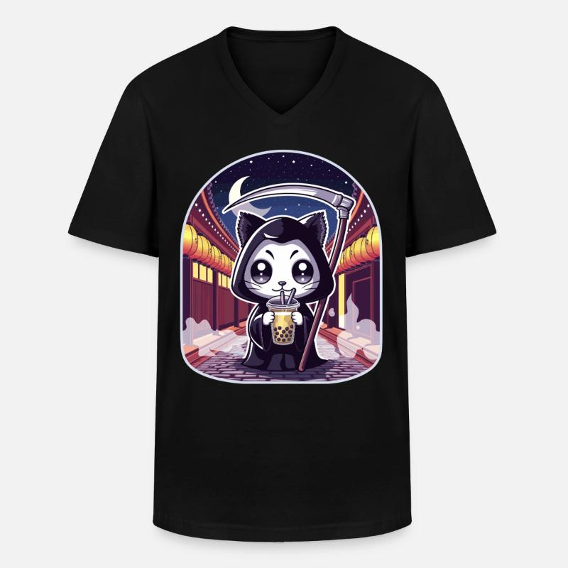 Sensenmann Anime Katze Kirschblüte - Männer-T-Shirt mit V-Ausschnitt - Schwarz