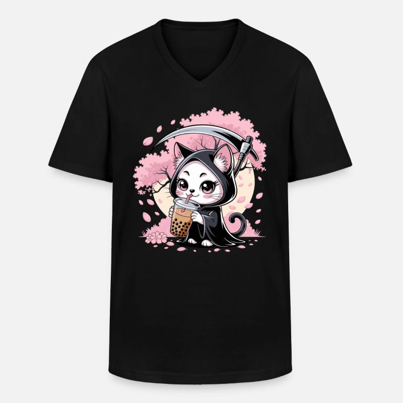 Sensenmann Anime Katze Kirschblüte - Männer-T-Shirt mit V-Ausschnitt - Schwarz