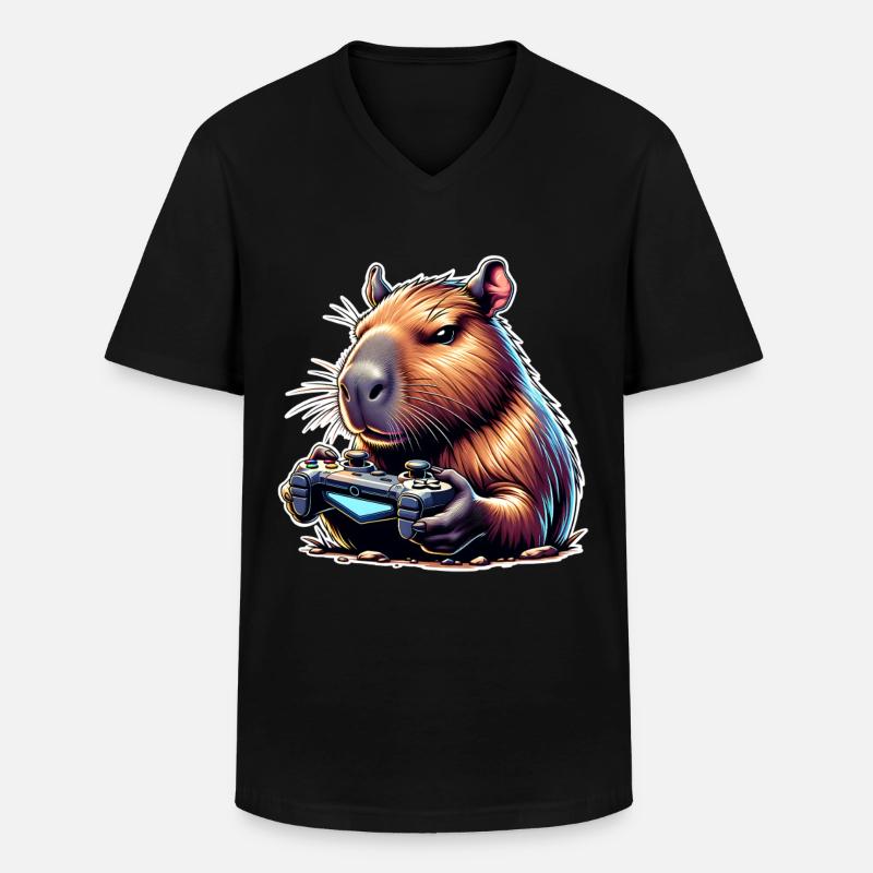 Capybara Gaming - Männer-T-Shirt mit V-Ausschnitt - Schwarz