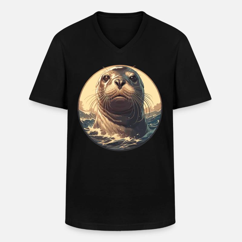 Robben Robbe - Männer-T-Shirt mit V-Ausschnitt - Schwarz
