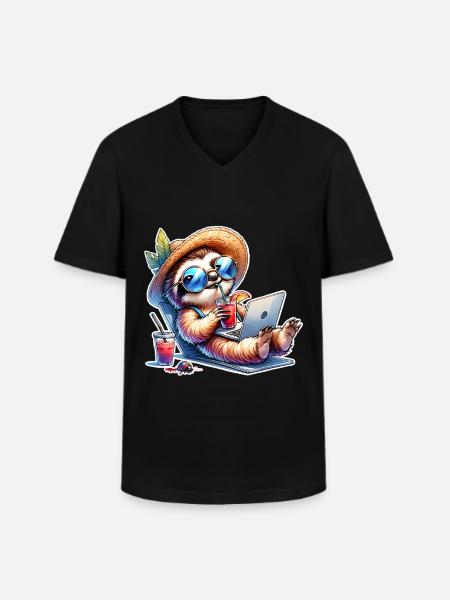 Sloth Laptop Cocktail Work - Men's V-Neck T-Shirt - black