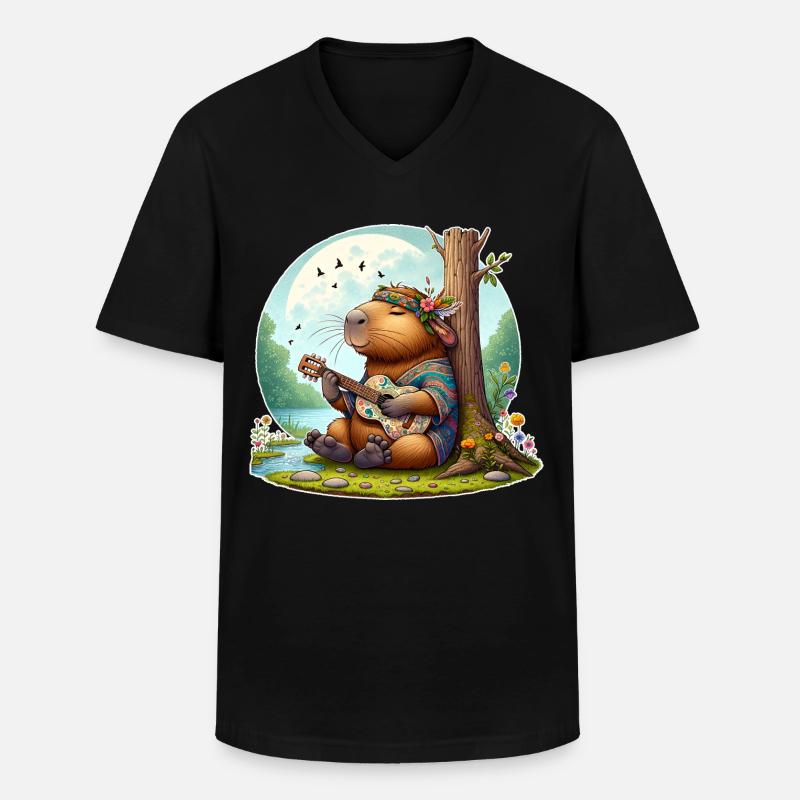 Capybara Guitar Hippie Peace - Men's V-Neck T-Shirt - black