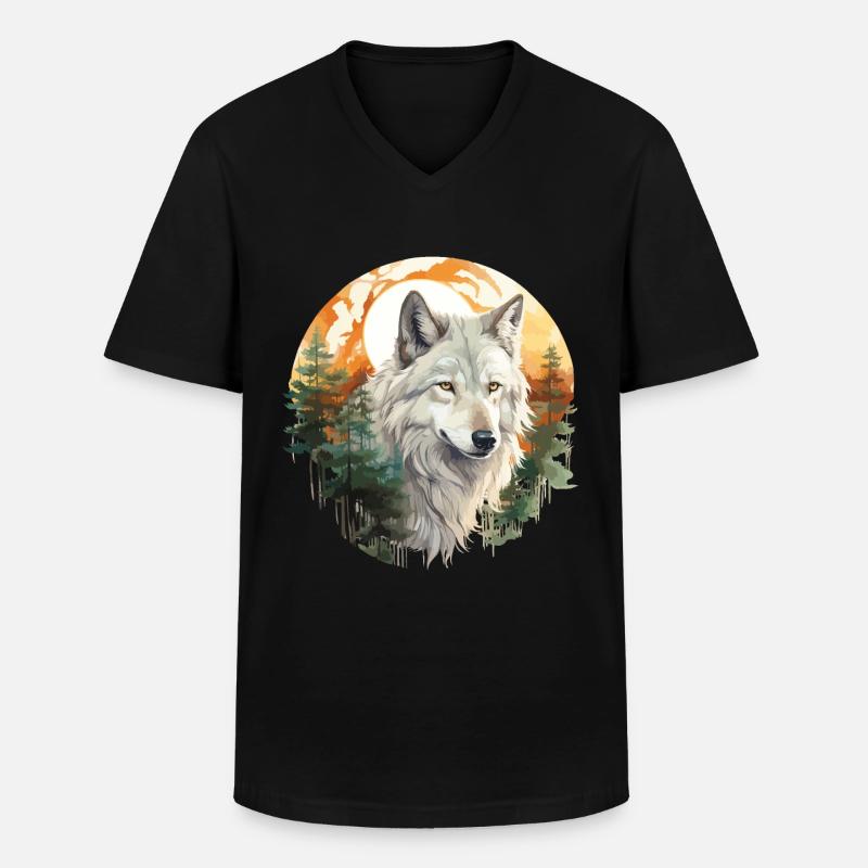Wolf Wolf's Head Nature Wilderness Forest Trees Art - Men's V-Neck T-Shirt - black