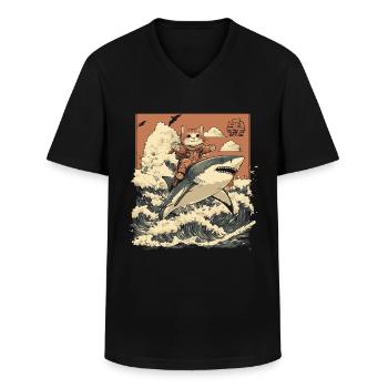 Chat chevauchant le requin au Japon style artistique de dessin animé - T-shirt col V Homme - noir - Devant - AI Model Male 178 dark (178cm)
