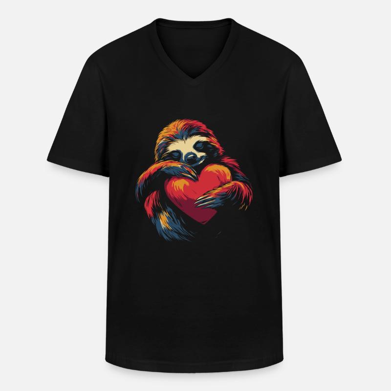 Faultier umarmt Herz - Männer-T-Shirt mit V-Ausschnitt - Schwarz