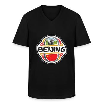 Beijing China Flag Badge Souvenir de Voyage - T-shirt col V Homme - noir - Devant - AI Model Male 178 dark (178cm)