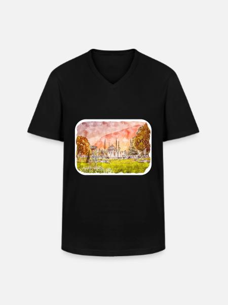 Tyrkiet akvarel skitse håndtegnet illustration - Klassisk herre T-shirt med V-udskæring - sort