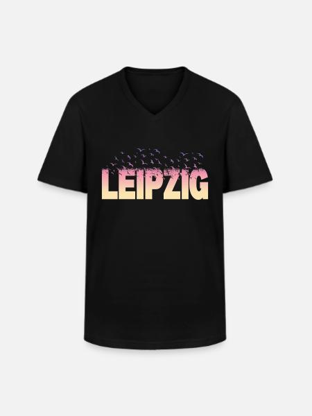 Leipzig Germania Città Font Uccelli Skyline - Maglietta da uomo classica con scollo a V - nero