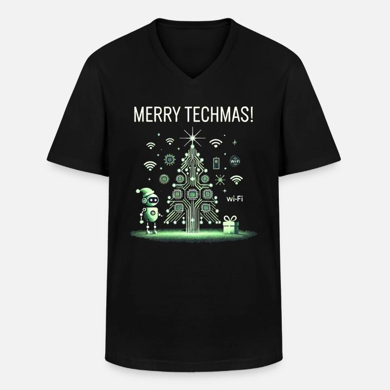 Merry Techmas - Robot and Circuit Christmas Tree - Men's V-Neck T-Shirt - black