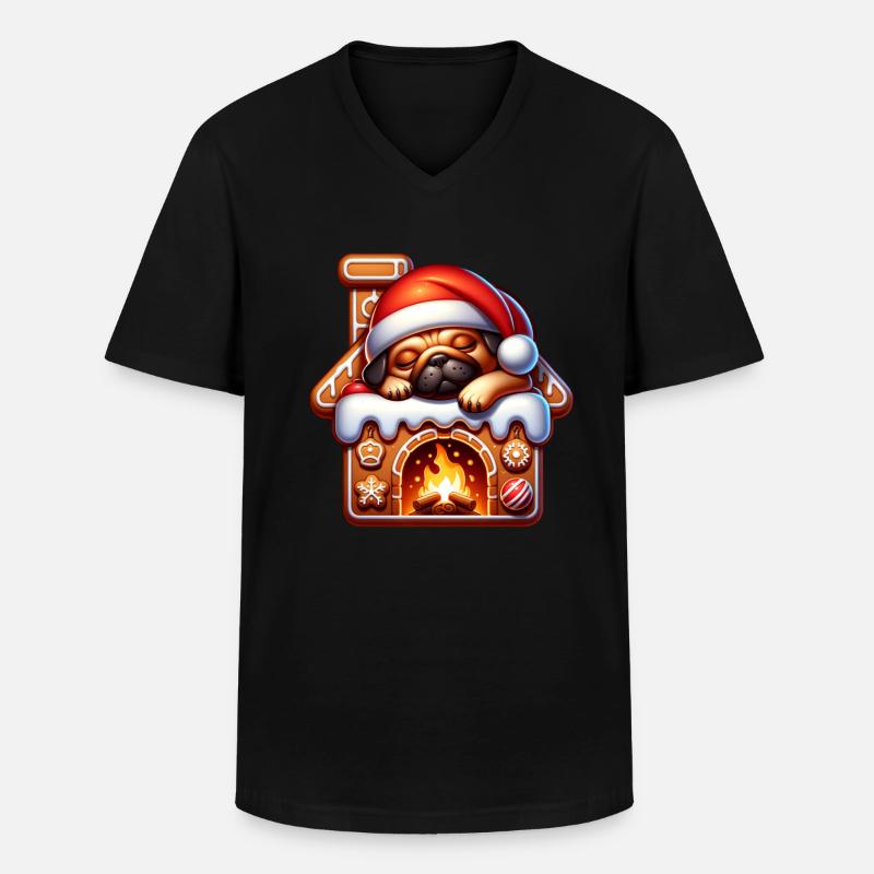 Mops - Klasyczna koszulka męska z dekoltem w serek - czarny