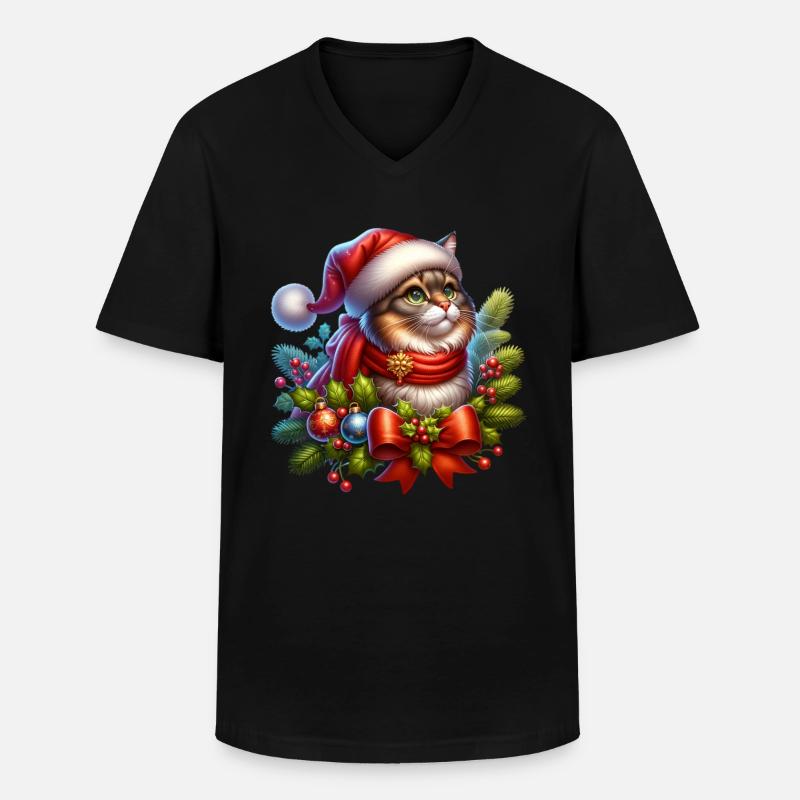 Weihnachtskranz Katze - Männer-T-Shirt mit V-Ausschnitt - Schwarz