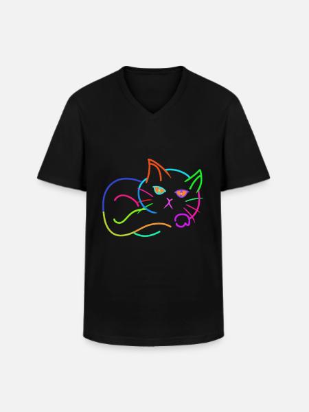 regnbue, kat, farverig, farverig, børn - Klassisk herre T-shirt med V-udskæring - sort