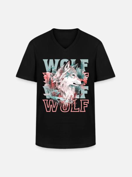 Ulv Ulvehoved Skov Natur Bjerge Vildmark Farverig - Klassisk herre T-shirt med V-udskæring - sort
