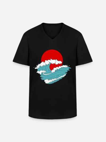Ola japonesa asiática arte del tatuaje retro - Camiseta con cuello de pico hombre - negro