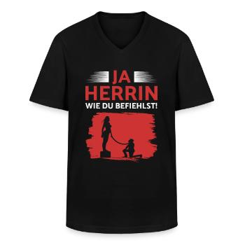 Ja Herrin - Femdom Dominanz Sklave BDSM Sub Devot - Männer-T-Shirt mit V-Ausschnitt - Schwarz - Vorne - AI Model Male 178 dark (178cm)