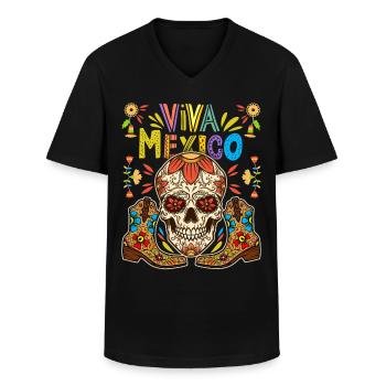 Mexiko Spruch Viva-Mexico, Totenkopf Cowboystiefel - Männer-T-Shirt mit V-Ausschnitt - Schwarz - Vorne - AI Model Male 178 dark (178cm)