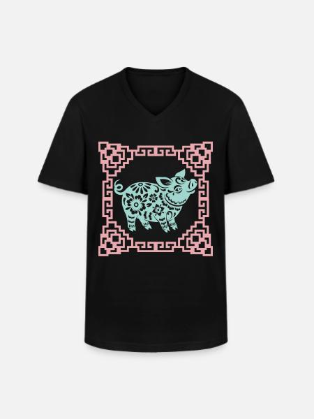 Grisens år, kinesiskt horoskop Kina - T-shirt med V-ringning herr - svart