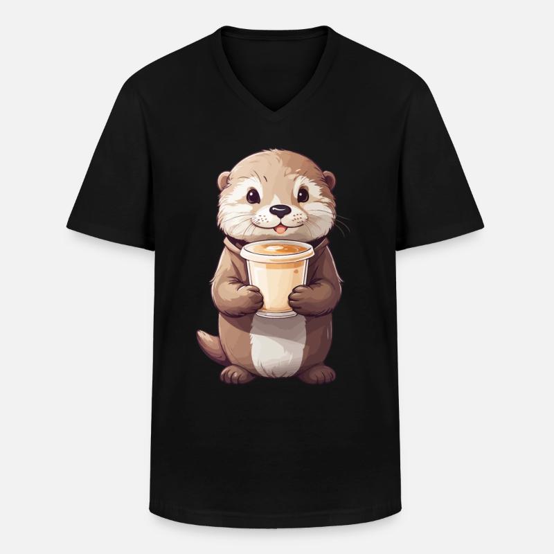 Otter Kaffeezeit Süßes Kaffee Tierdesign - Männer-T-Shirt mit V-Ausschnitt - Schwarz