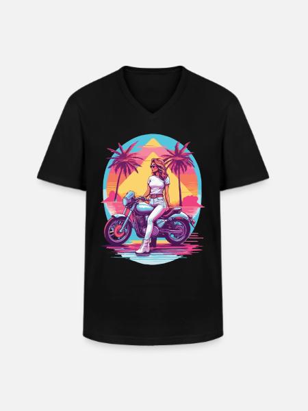 Rétro Synthwave Biker Moto Design - T-shirt col V Homme - noir