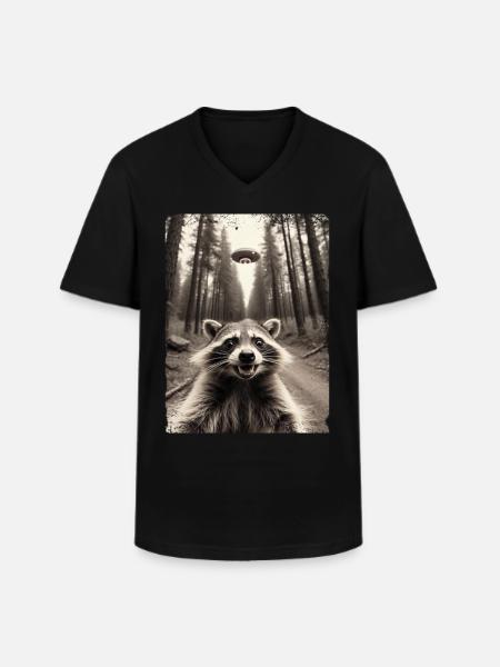 Grappig wasbeer selfie buitenaards ruimteschip - Klassiek mannen T-shirt met V-hals - zwart