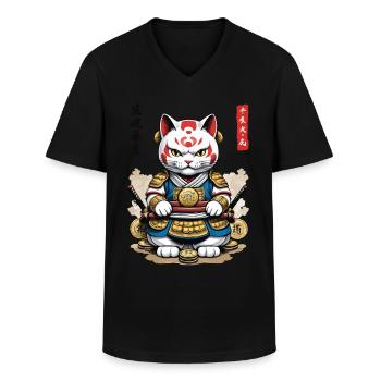 Samurai Katze in Ästhetischem Japan Style - Männer-T-Shirt mit V-Ausschnitt - Schwarz - Vorne - AI Model Male 178 dark (178cm)