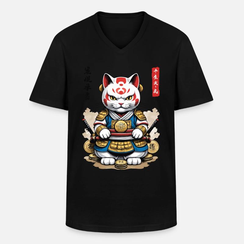 Samurai Katze in Ästhetischem Japan Style - Männer-T-Shirt mit V-Ausschnitt - Schwarz