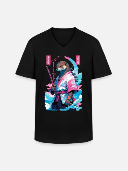 Samurai Otter Aesthetic Vaporwave Asian Style - Men's V-Neck T-Shirt - black